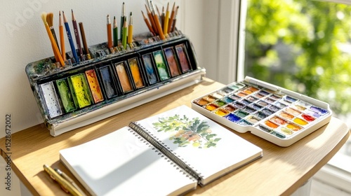 Wallpaper Mural Colorful art supplies on a wooden table, near a window, with open sketchbook, paintbrushes, watercolor paints, and pencils Torontodigital.ca