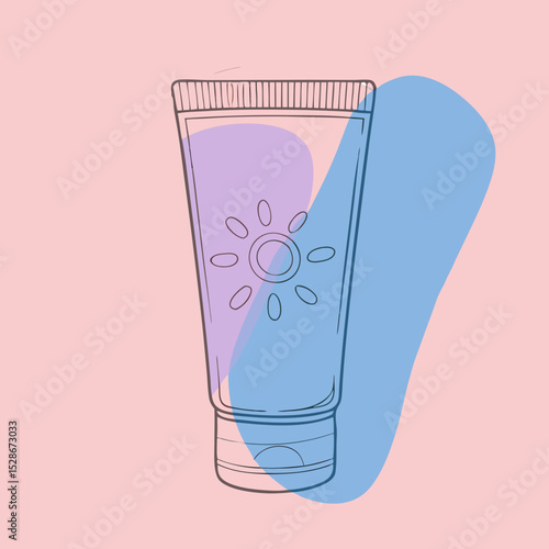 An outline of a sunscreen tube with a sun illustration, against abstract pink and blue shapes. Ideal for websites/blogs about summer, skincare, health, travel, or protection from the sun.