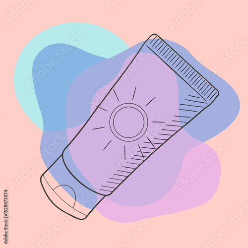 An outline of a sunscreen tube with a sun illustration, against abstract pink and blue shapes. Ideal for websites/blogs about summer, skincare, health, travel, or protection from the sun.