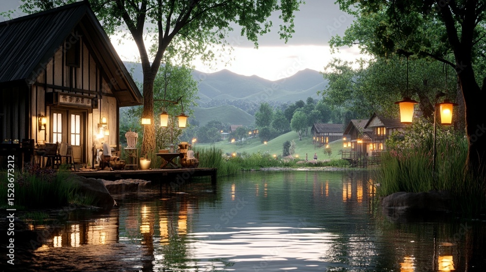 Fototapeta premium Cozy cabin by a tranquil lake, nestled amidst a picturesque village. Gentle evening light bathes the scene in warm hues