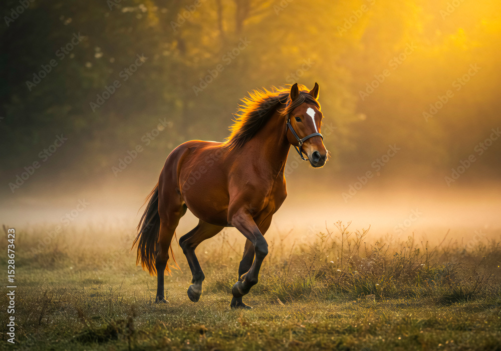 Obraz premium brown stallion galloping through a misty field at sunrise