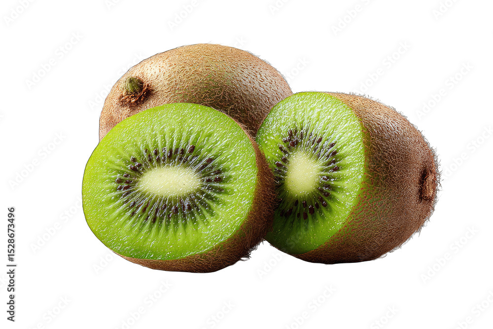 Obraz premium Fresh kiwi fruit, whole and halved, vibrant green flesh, brown skin
