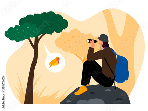 Woman sitting on a big rock in the forest, using binoculars for bird observation. Bird watch illustration. Flat vector illustration.