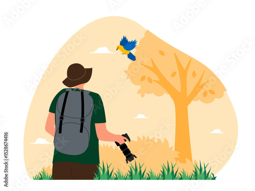 Male looking at a small bird flying. Bird watch illustration. Flat vector illustration.
