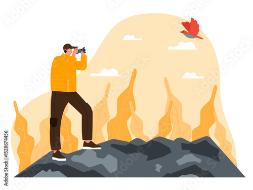 Photographer taking picture using brought camera. Bird watch illustration. Flat vector illustration.