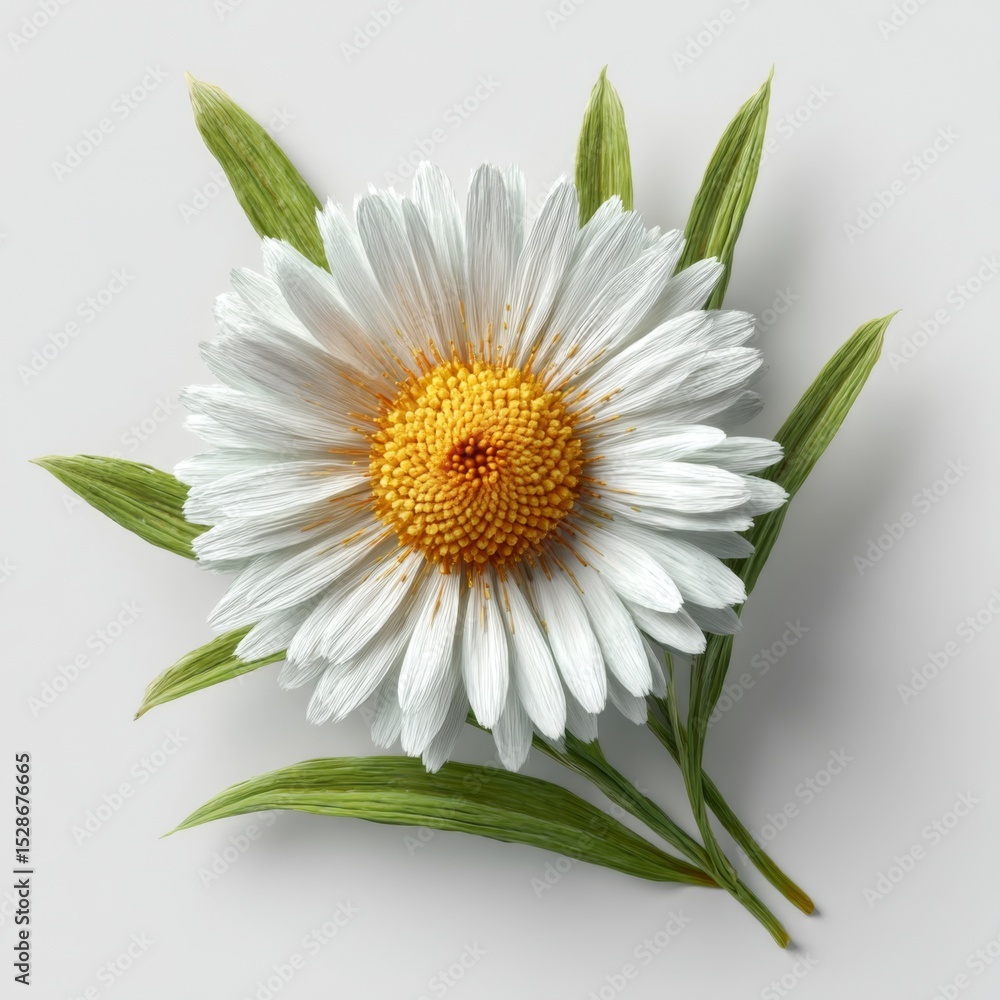 Fototapeta premium Bright white flower with yellow center and green leaves on a light background, showcasing natural beauty and elegance in floral design