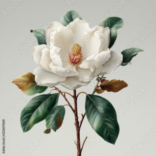 Elegant White Magnolia Blossom with Green Leaves on a Simple Background for Nature and Floral Design Aesthetics