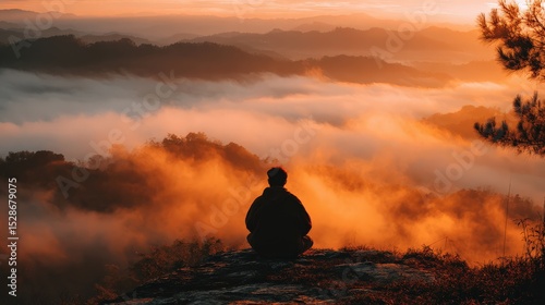 Serene Meditation at Sunrise Over Misty Mountain Landscape