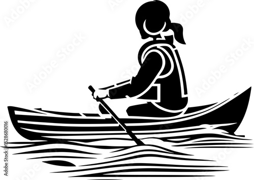 Silhouette of a girl sailing in a boat with oars on a lake in monochrome. Engraving minimalistic vector in black ink drawing on transparent background