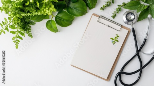 Notebook and graph beside stethoscope in modern medical workspace concept