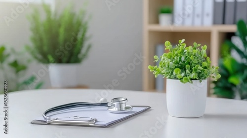 Notebook and graph beside stethoscope in modern medical workspace concept