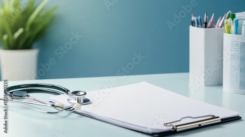 Notebook and graph beside stethoscope in modern medical workspace concept