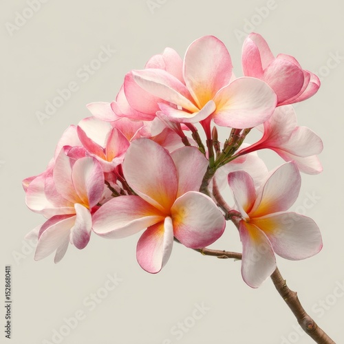 Delicate Pink and White Frangipani Blooms with Soft Petals and Gentle Curves Against a Neutral Background