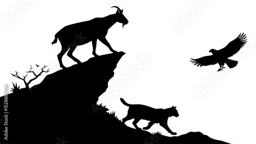 Silhouette illustration of a mountain goat, a lynx, and an owl, with the goat on a rocky ledge in the center, lynx below it walking left, and owl gliding down from the top right. High-contrast, minima