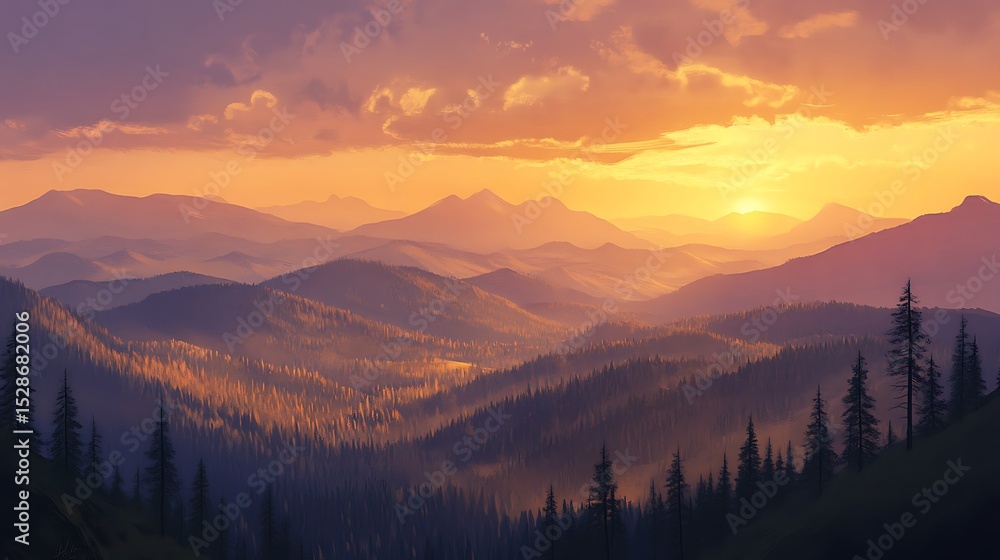 Obraz premium Golden sunset over a mountain range.