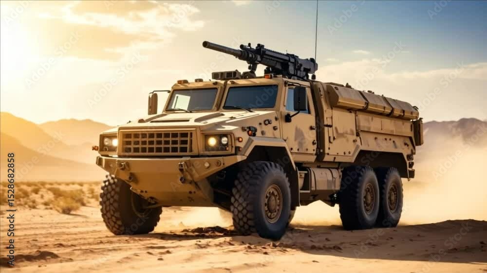 High-Mobility Military Vehicle in Desert Terrain during Sunset High-Mobility Military Vehicle in Desert Terrain during Sunset