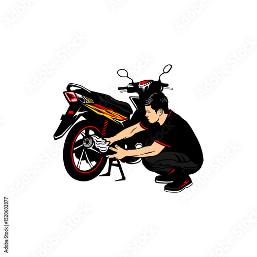 a man squats to clean a motorcycle vector illustration