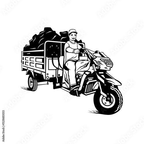a man riding a three-wheeled motorcycle carrying garbage balck and white vector illustration