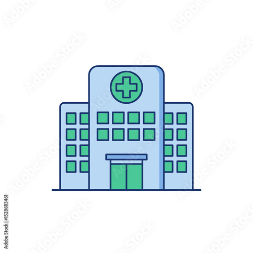 Hospital building with green cross symbol in simple line style  