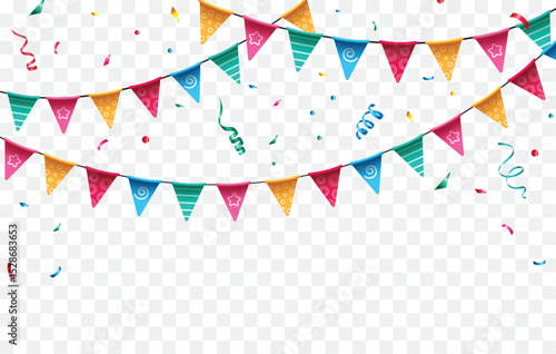 Birthday invitation card clipart background. Birthday template with colorful pennants, banner and confetti decoration elements for editable greeting wishes design vector illustration. 

