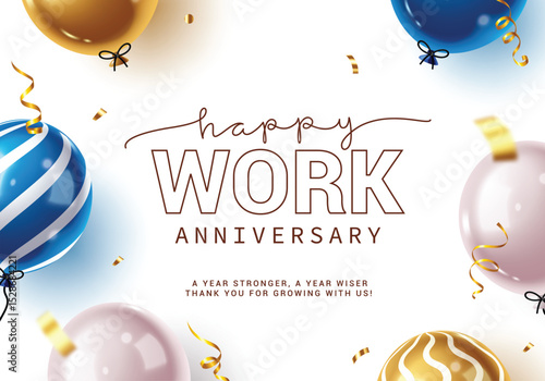 Happy work anniversary clipart design. Company greeting celebration card in white simple invitation background with balloons elements clip art for recognition another year of success vector