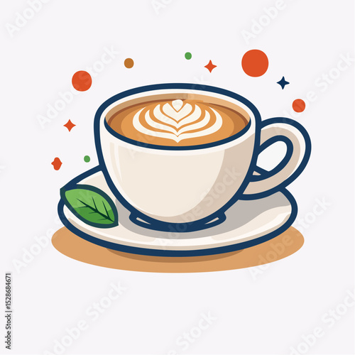 Aromatic Coffee Delight: An illustration showcasing a freshly brewed coffee cup, elegantly garnished with a leaf and an intricate design, a feast for the senses.