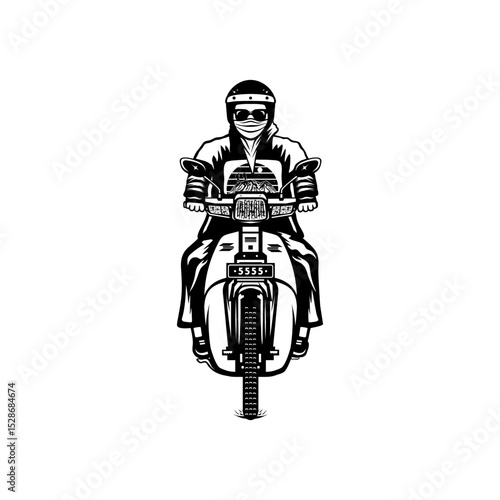 cool classic biker speeding in front view black and white vector illustration