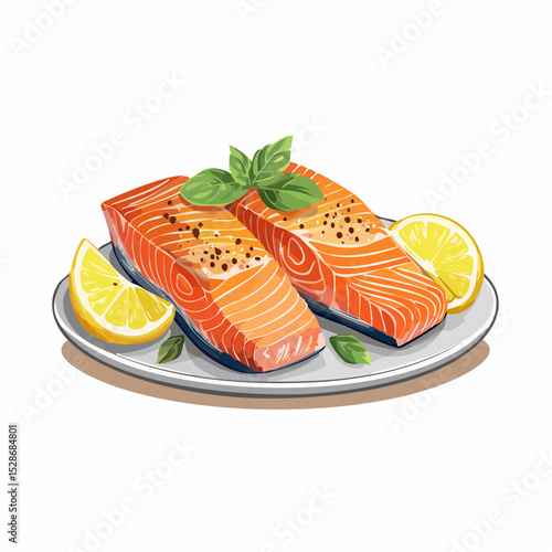 Gourmet Salmon Delight: A mouthwatering, photorealistic illustration showcases two perfectly cooked salmon fillets elegantly presented on a plate, adorned with lemon slices and fresh basil