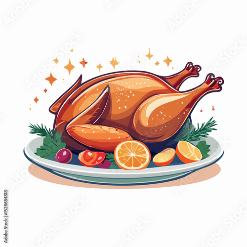 Roasted Chicken: A beautifully rendered, inviting image of a golden-brown, roasted chicken, artfully presented with vibrant citrus and garnish, evoking warmth and culinary delight.