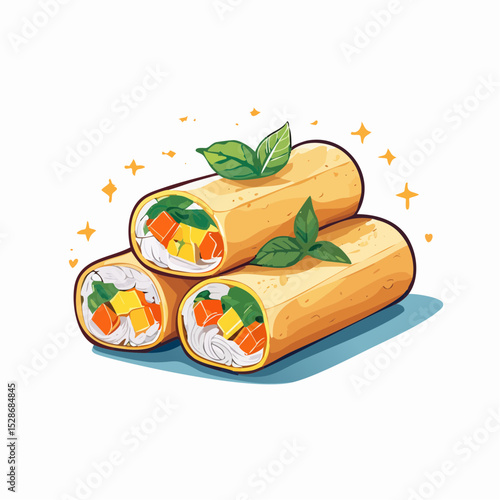 Delicious Spring Rolls: A trio of vibrant spring rolls, artfully arranged and adorned with fresh basil, tantalizingly showcases a fusion of flavors in a mouthwatering still life composition.