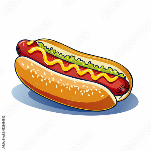 Delicious Hotdog: An enticing depiction of a classic hotdog, featuring a perfectly grilled sausage nestled in a fresh bun, adorned with vibrant mustard and relish, ready for immediate indulgence.