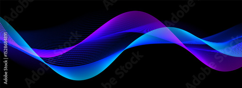 Blue purple neon sound wave on black background. Abstract flowing wavy dot line design for ai concept, equalizer, audio record, voice assistant. Vector glowing gradient dashed curve stripe wallpaper