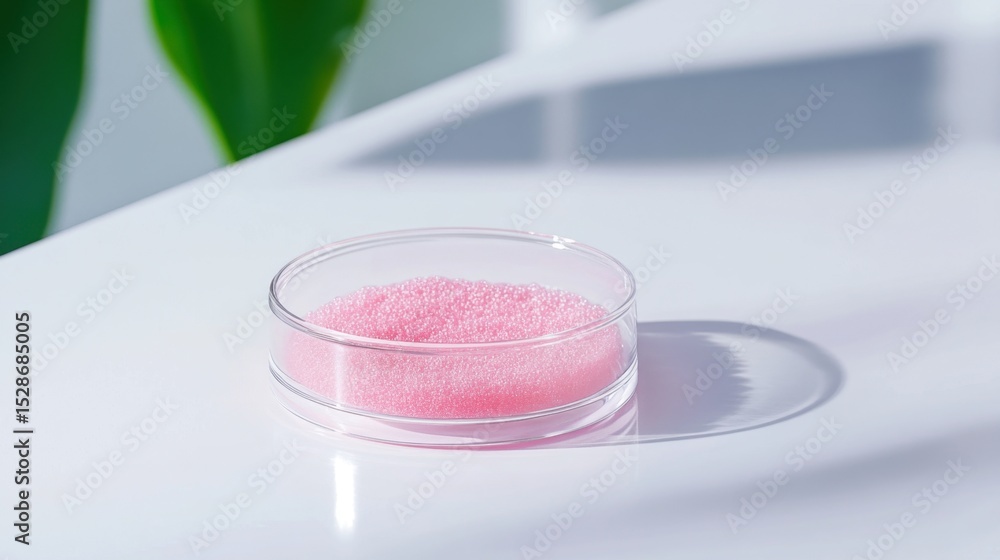 Science concept image: petri dish with pastel pink substance on bright white table Science concept image: petri dish with pastel pink substance on bright white table