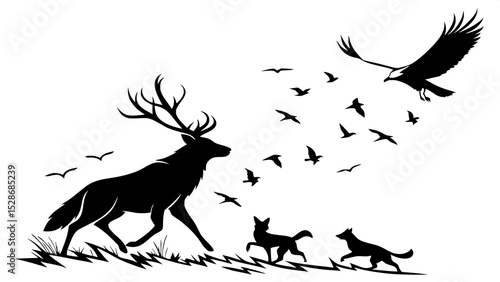 Graphic black silhouette of a wild stag surrounded by birds in flight, a fox trotting below and a circling eagle to the upper right. Bird's-eye view with motion implied in all poses.