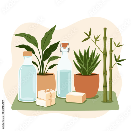Herbal spa arrangement with glass bottles and potted plants 