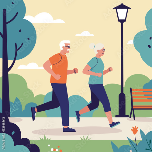 Elderly couple jogging together in a park during a sunny day  