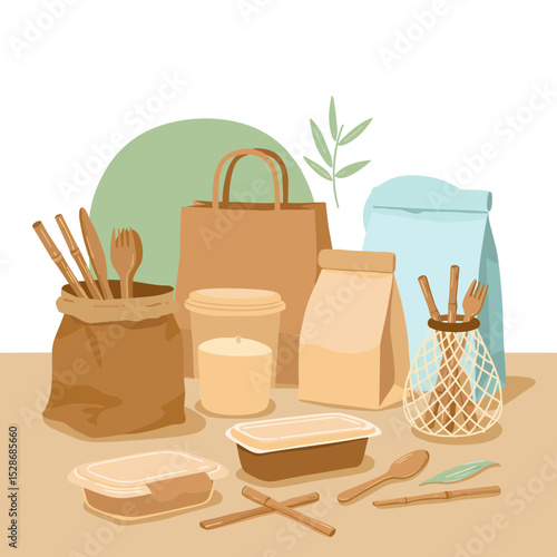 Eco-friendly packaging materials and utensils on neutral background  