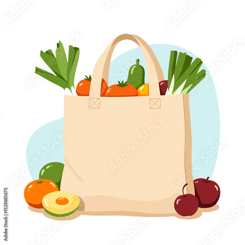 Eco-friendly shopping bag filled with fresh fruits and vegetables  