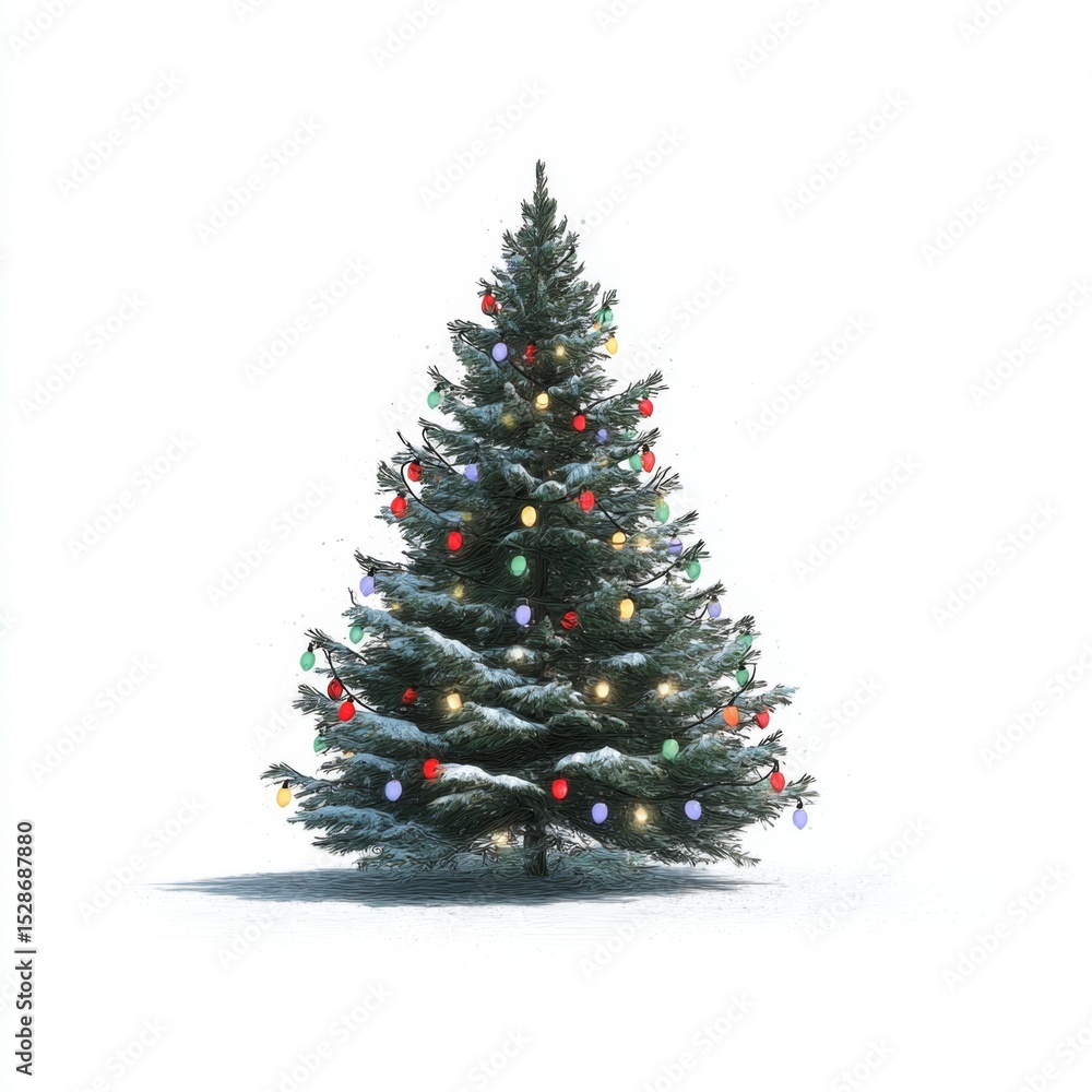 Fototapeta premium **Beautiful Christmas Tree Decorated with Colorful Lights and Snow on a White Background for Holiday Celebrations**
