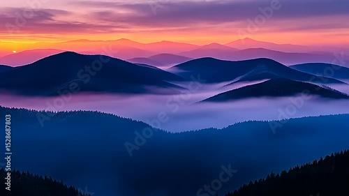 Wallpaper Mural Mountains shrouded in fog at sunset create a scenic landscape video clip for designers Torontodigital.ca