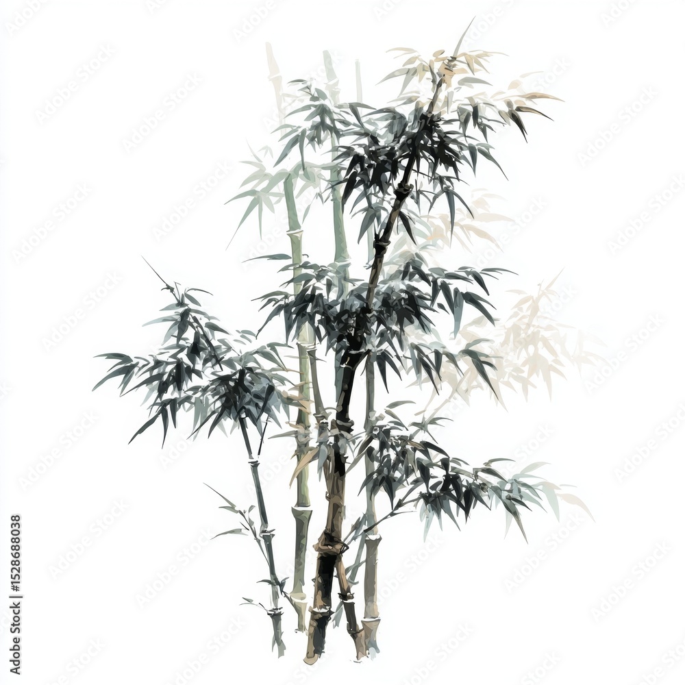 Obraz premium Elegant Bamboo Stalks with Delicate Leaves on a White Background Evoking Tranquility and Nature's Beauty