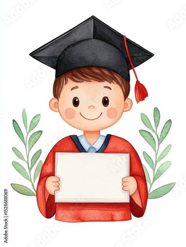 Happy graduate child in cap and gown holding blank certificate with leaves background, joyful celebration of educational achievement and parental pride
