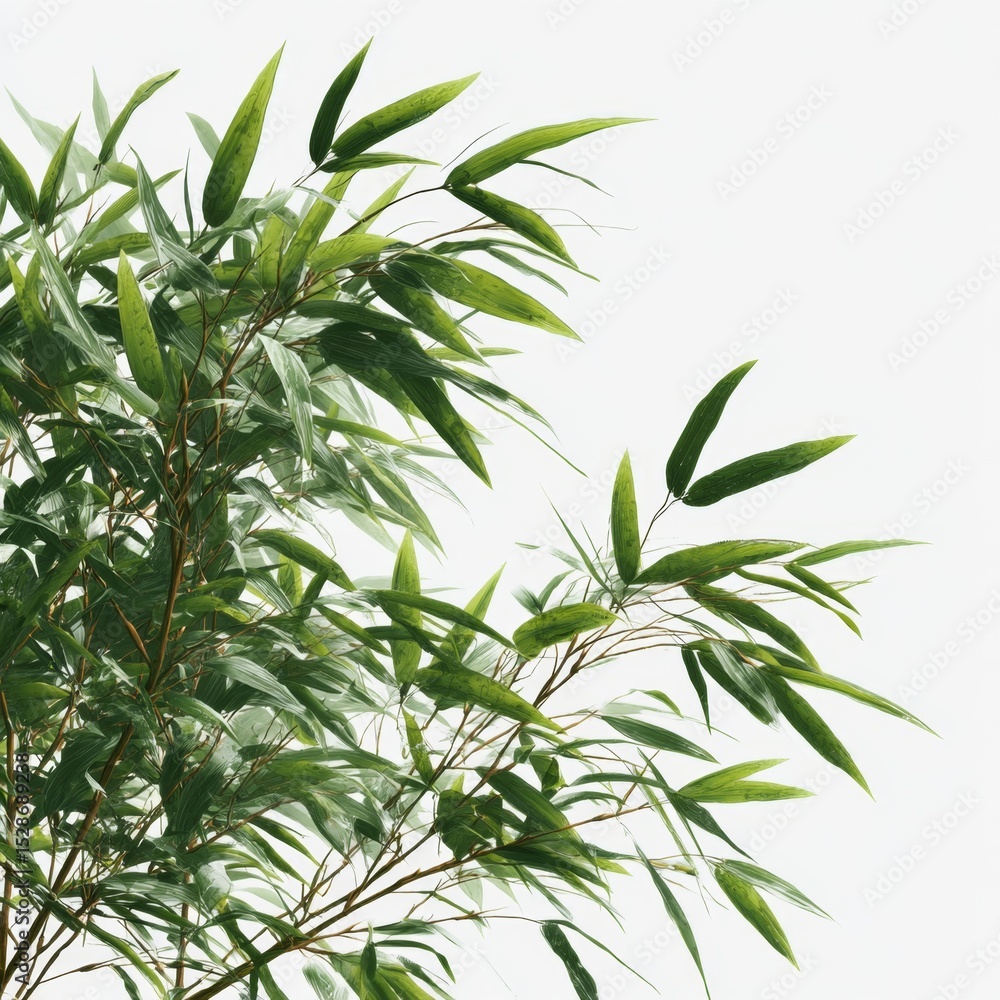Lush green bamboo leaves with delicate texture against a soft white background showcasing nature's tranquility and beauty Lush green bamboo leaves with delicate texture against a soft white background showcasing nature's tranquility and beauty