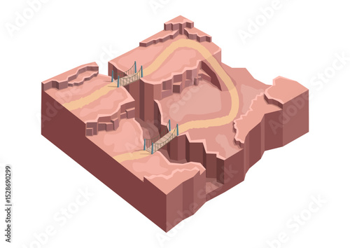 Isometric desert environment with ravines and rocky hills