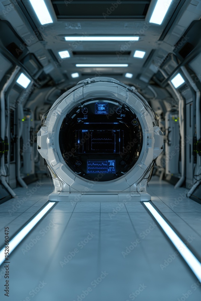 Futuristic medical pod in a sterile spaceship hallway. Futuristic medical pod in a sterile spaceship hallway.