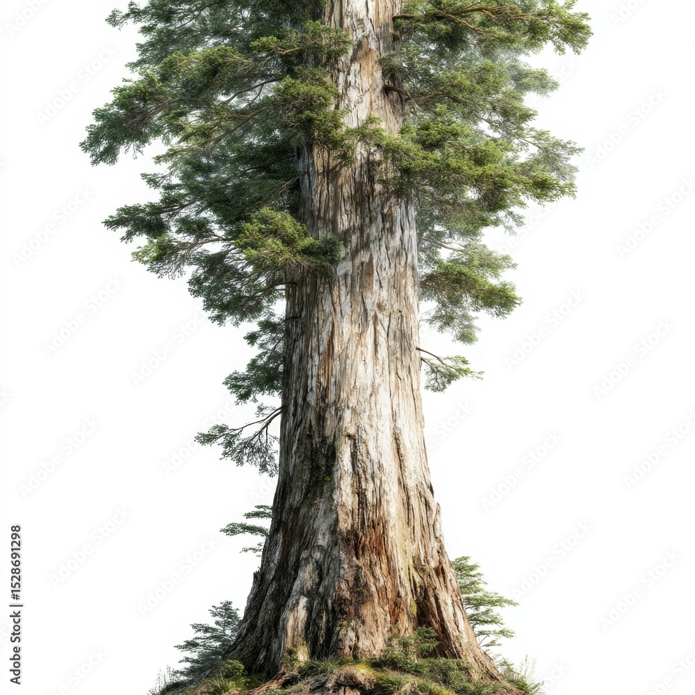 Fototapeta premium Majestic tall tree with thick trunk and textured bark isolated on white background, symbolizing strength and nature's beauty