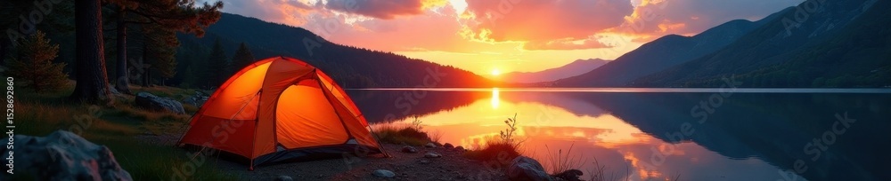 Fototapeta premium Campsite with tent pitched near lake at sunset, woods, tent, serene