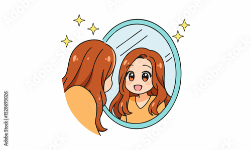 cute woman standing in front of mirror and looking at reflection cartoon illustration