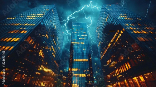 Stormy night over towering city skyscrapers.  Illuminated buildings under dramatic lightning strikes