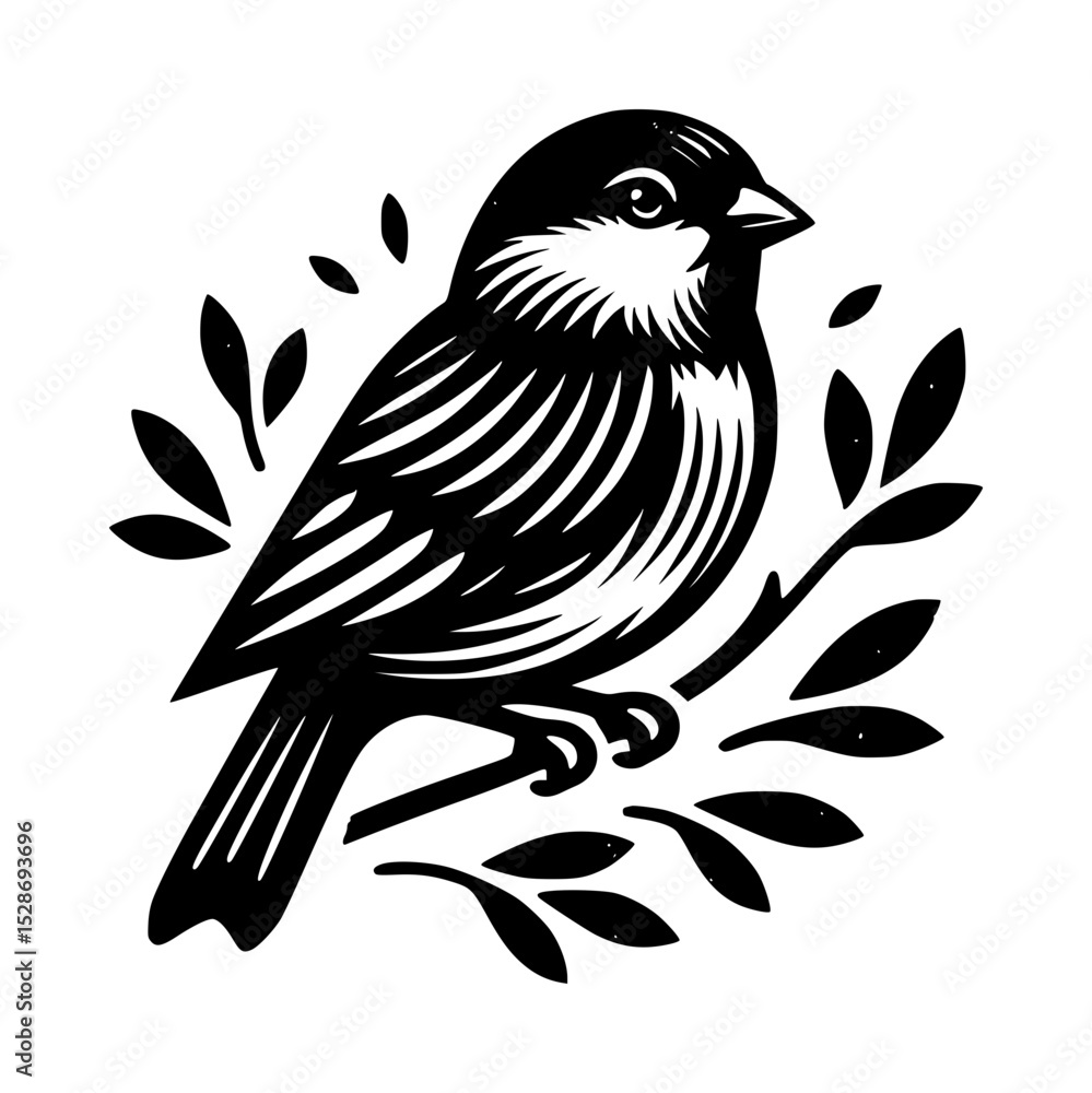 Naklejka premium Black and white bird on branch illustration
